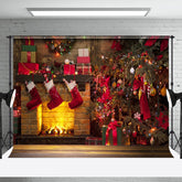 Lofaris Warm Cabin Brick Fireplace Christmas Tree Backdrop